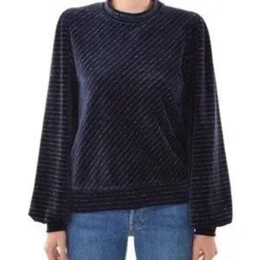 GANNI Glitter Preppy Feminine Blue Velvet Lurex Stripe Top Size 36 / Small